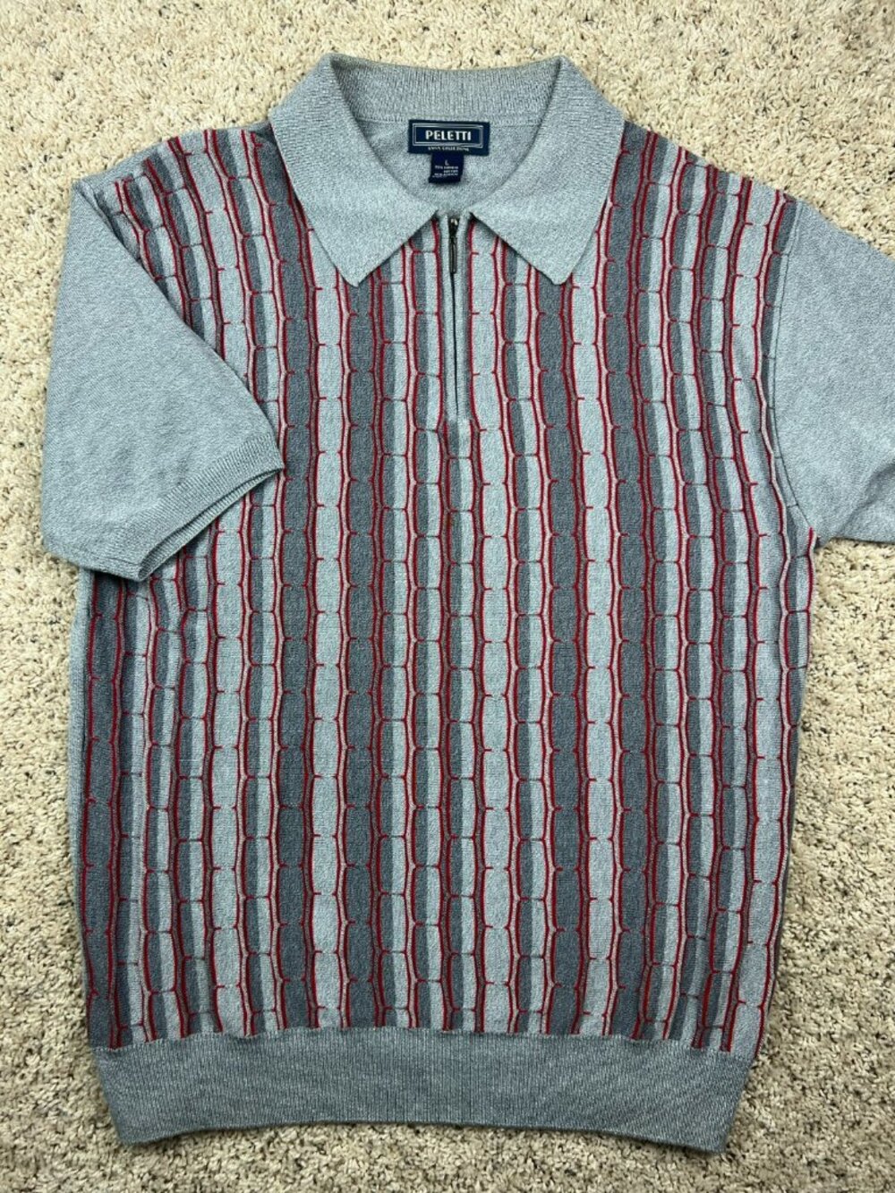 Peletti Large Golf Polo Shirt Red Gray 1/4 Zip Textured Knit Pullover Geometric